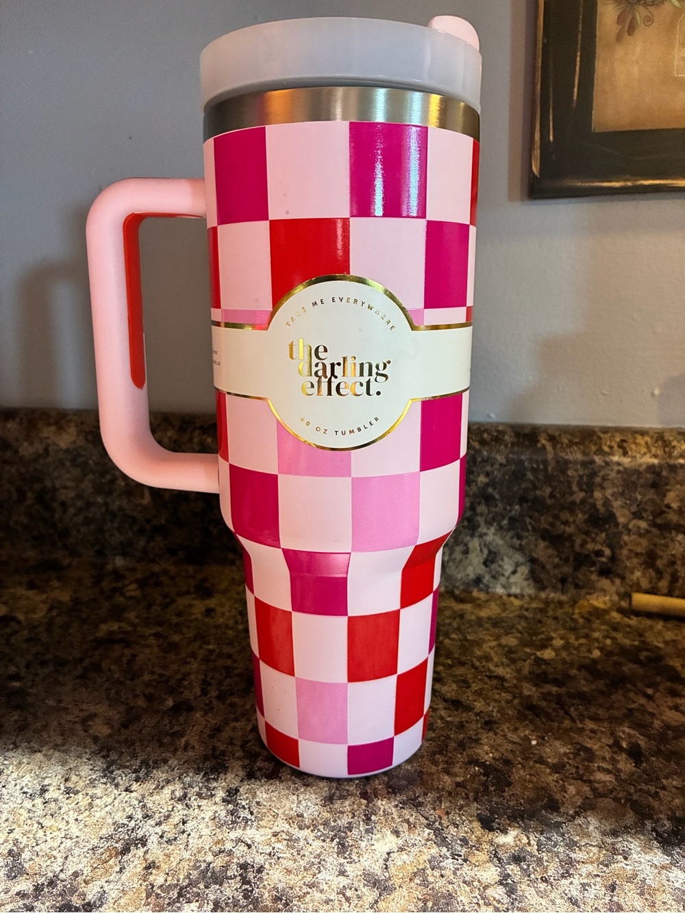 The Darling Effect Pink Checker Insulated Travel Mug with Handle